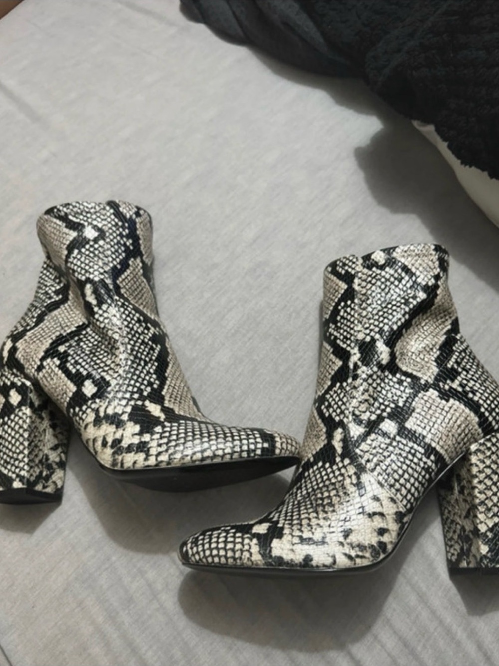 Aldo Black & Cream Snake-Print Block Heel Ankle Boots